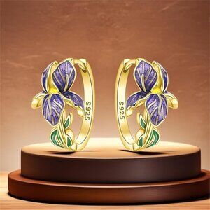 New Amethyst  Colored Flower  925 Sterling Silver Hoop Earrings